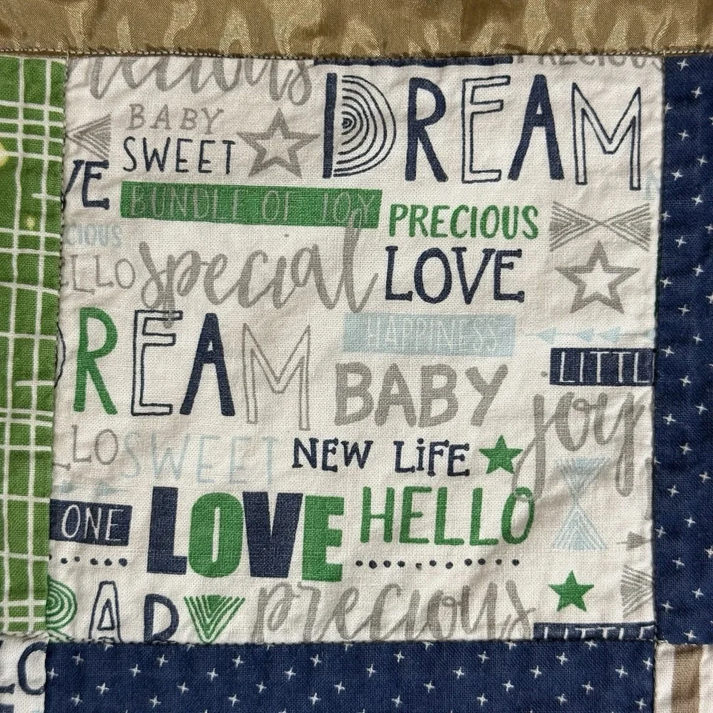 Handmade Baby Boy Blanket Quilt 51 x 51 Khaki Satin Trim Navy Minky Dot Back